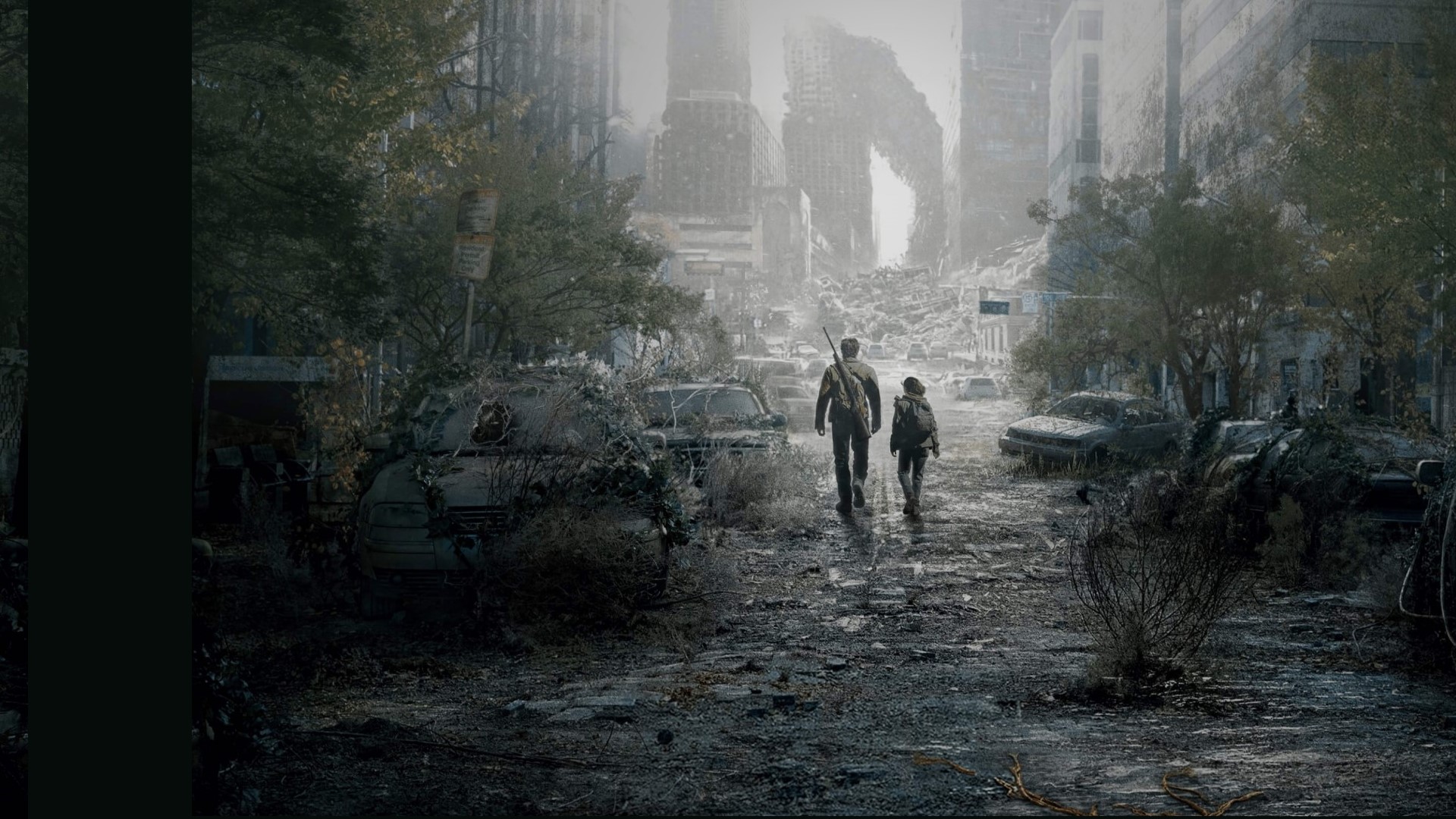 Ellie e Joel caminhando em uma cidade destruida